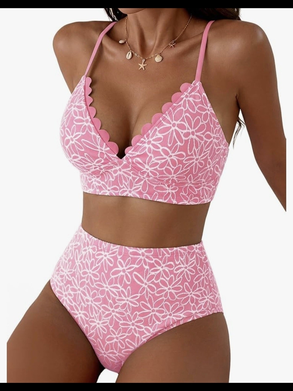 Pink Floral Scallop-Edge High-Waist Bikini #1390